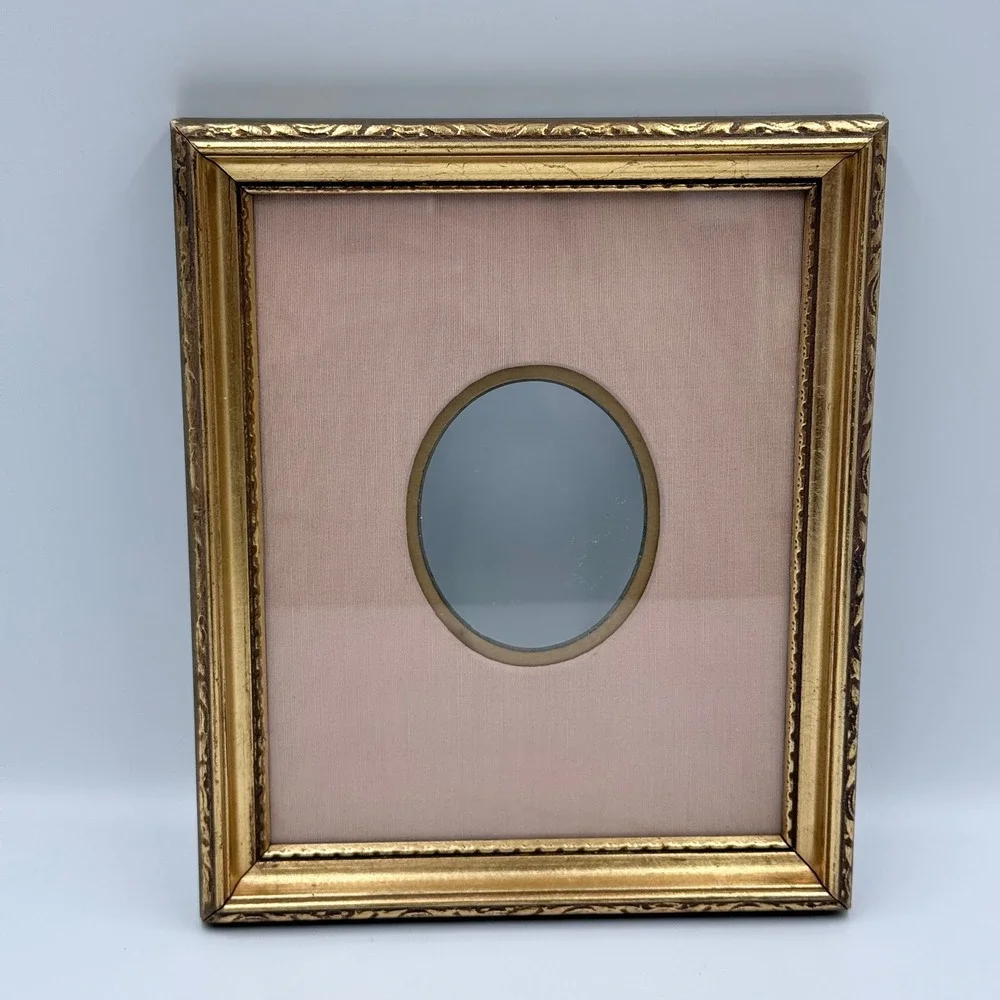 Vintage Ornate Gold Picture Frame Pink Fabric Oval Mat 7.5x8.5 Wall Decor